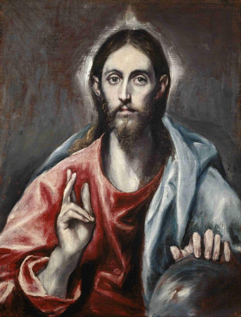 Christ Blessing,El Greco (Domenikos Theotokopoulos),Oil Painting,Oil Painting, 1boy, male focus, facial hair