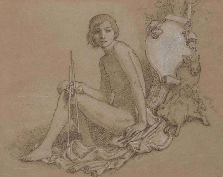 Allegorical Figure with Double Aulos,Elihu Vedder,Sketch,Sketch, 1girl, nude, solo, barefoot, sitting