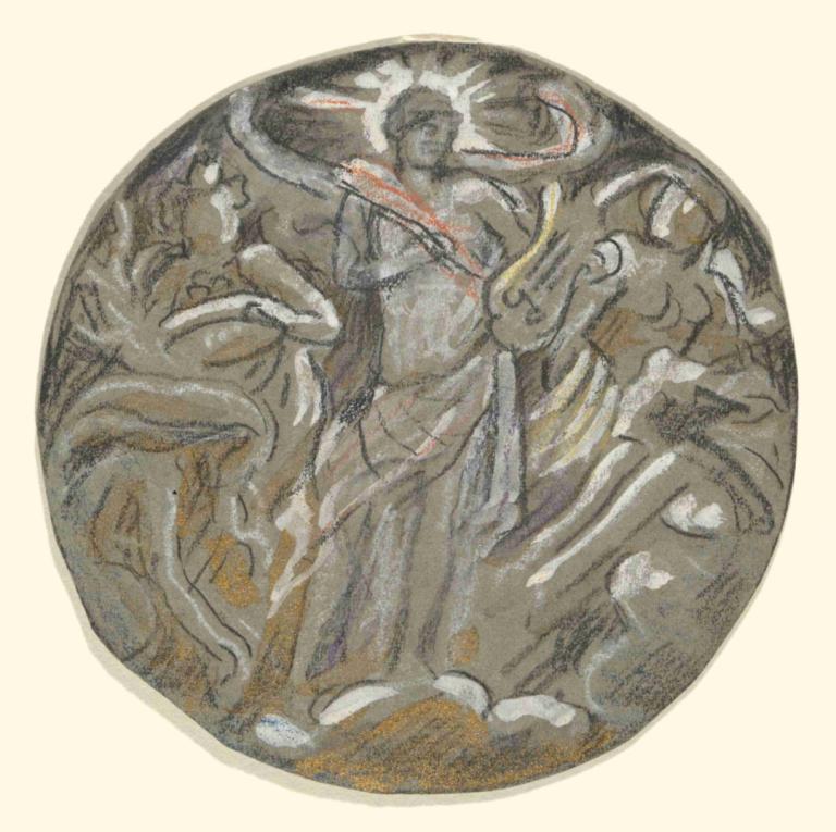 Apollo and the Four Seasons,Elihu Vedder,Illustration,Illustration, round image, solo, circle, 1boy