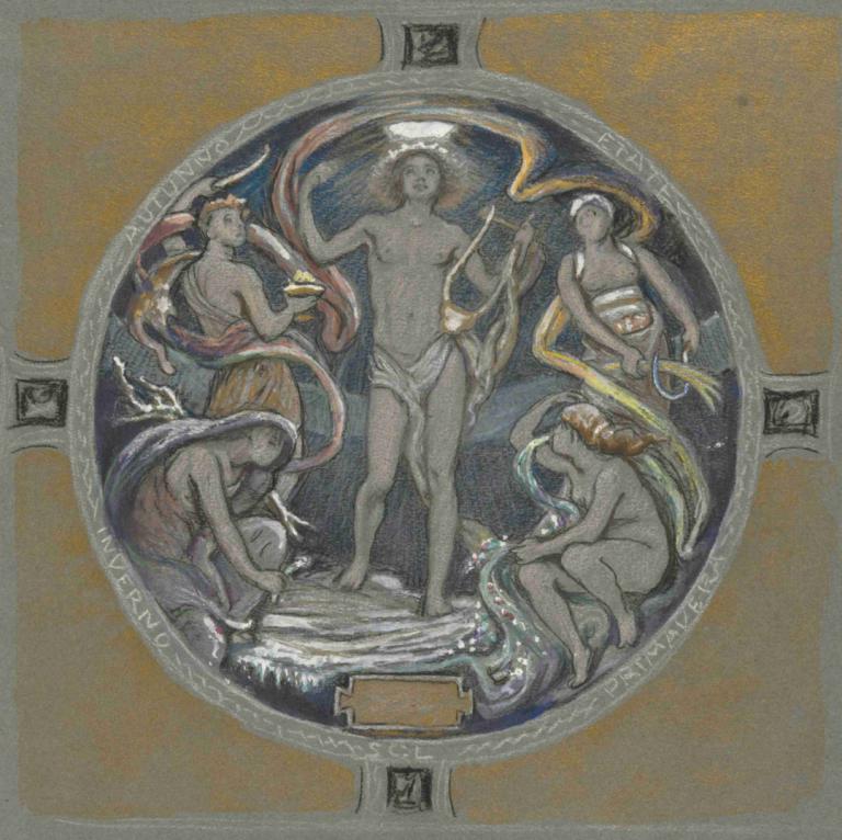 Apollo and the Four Seasons,Elihu Vedder,Illustration,Illustration, fine art parody, multiple girls, nude