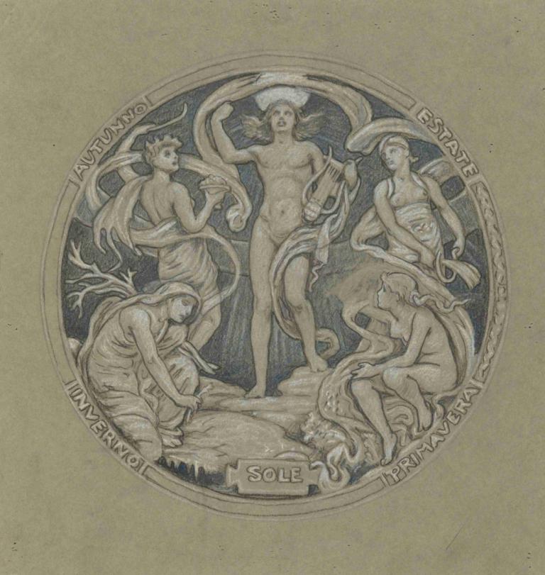 Apollo and Attendants,Elihu Vedder,Illustration,Illustration, fine art parody, multiple girls, nude