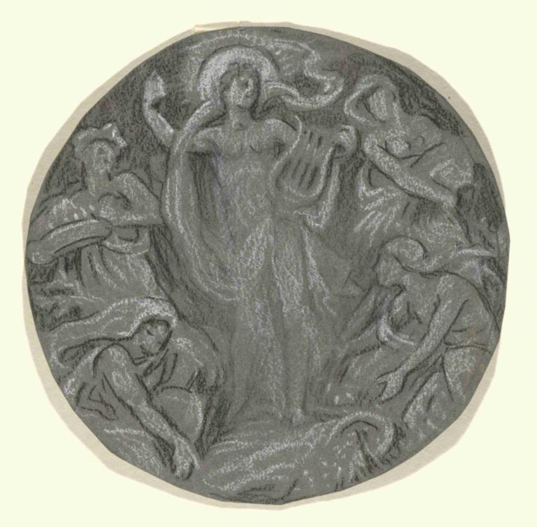 Apollo and Attendants.,Elihu Vedder,Illustration,Illustration, monochrome, monster, greyscale, round image