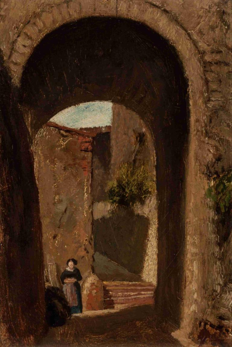 Archway with Woman,Elihu Vedder,Oil Painting,Oil Painting, stairs, solo, black hair, 1girl, standing, scenery