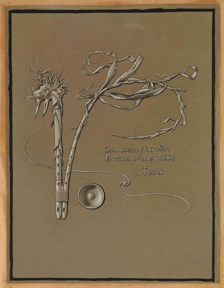 Artist’s Signature,艺术家签名,Elihu Vedder,伊莱休-维德,插画,插画, 没有人类, 单色, 英文文本, 分支, 乐器