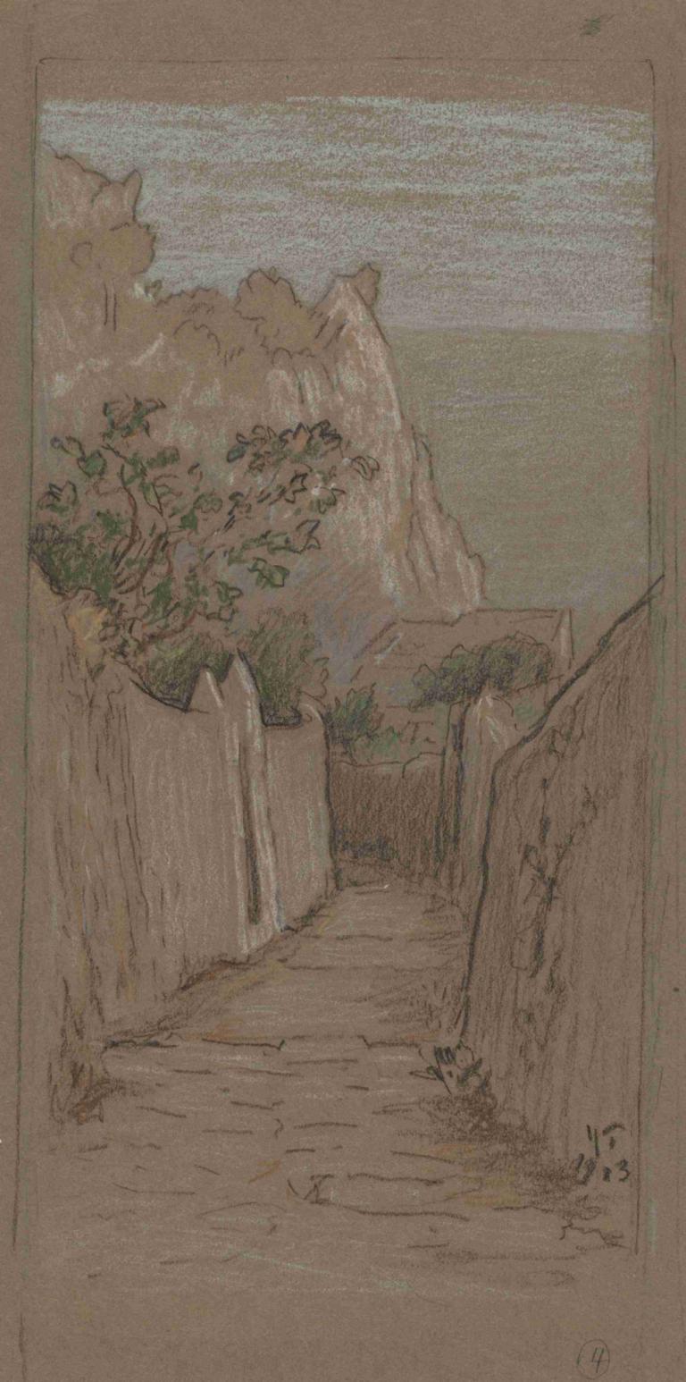 Capri,卡普里,Elihu Vedder,伊莱休-维德,插画,插画, 树, 没有人类, 风景, 户外, 自然, 悬崖, 天空, 传统媒体, 山, 云