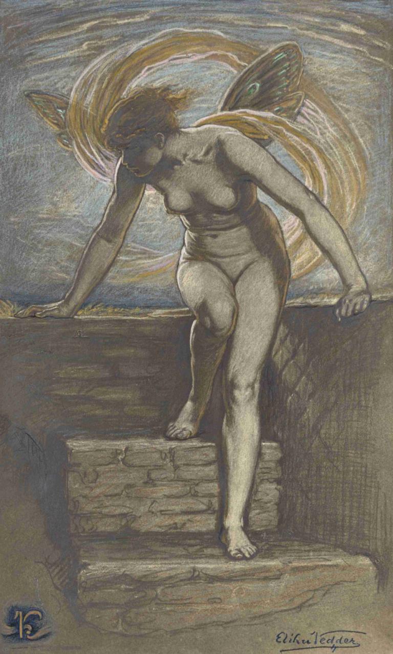 Dawn,Elihu Vedder,Illustration,Illustration, 1girl, solo, wings, nude, breasts, short hair, barefoot, dated