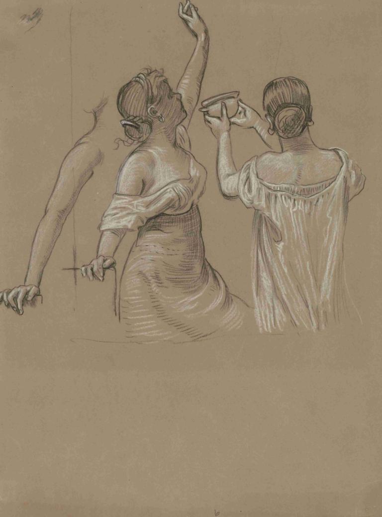 Dionysian Revelers,Elihu Vedder,Sketch,Sketch, dress, 1girl, monochrome, arm up, traditional media, holding