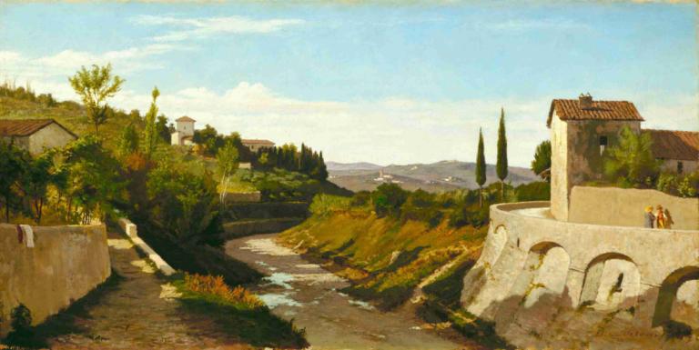 Fiesole,Elihu Vedder,Oil Painting,Oil Painting, scenery, outdoors, tree, sky, day, cloud, nature, grass