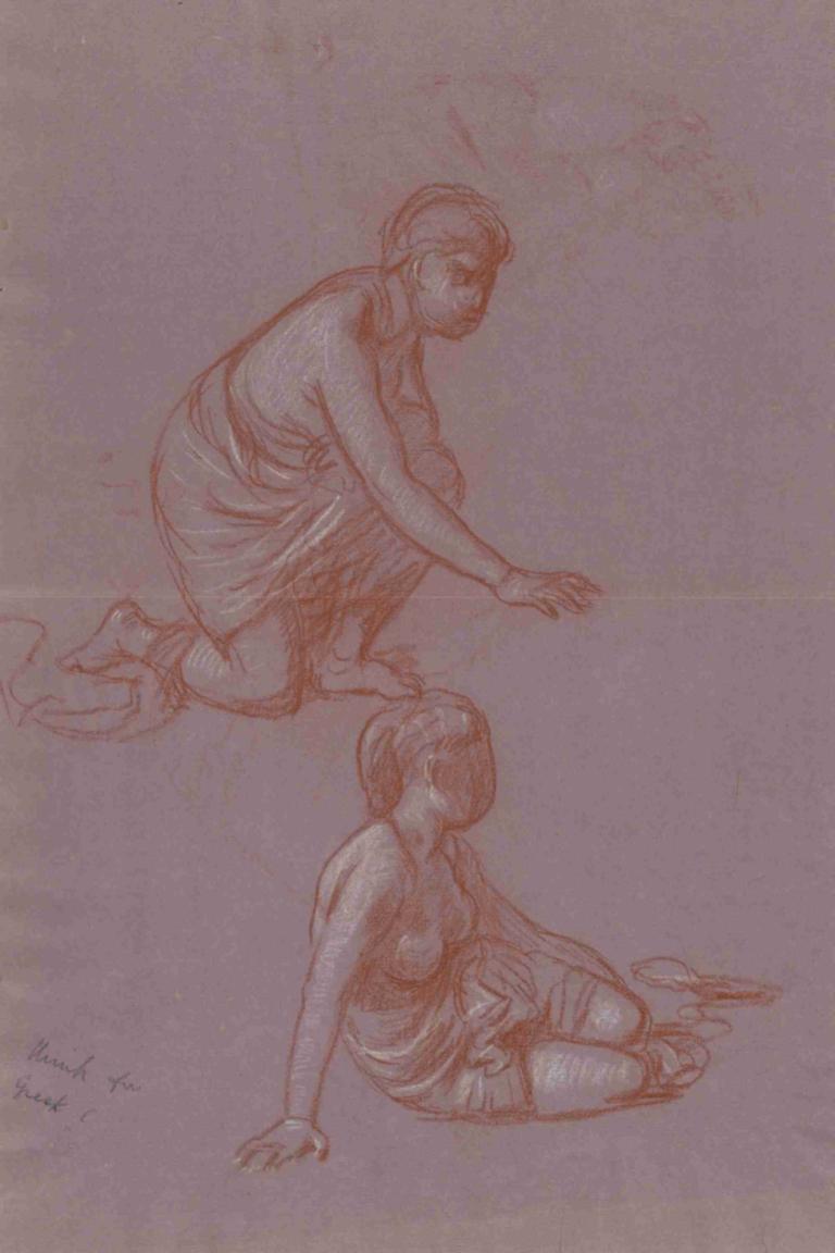 Figure Studies,Elihu Vedder,Sketch,Sketch, sketch, 1girl, barefoot, monochrome, short hair, 1boy, dated