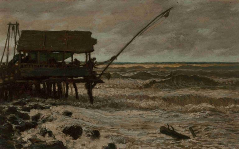 Fishing Hut Off Pierhead, Viareggio, Italy,意大利维亚雷焦码头外的钓鱼小屋,Elihu Vedder,伊莱休-维德,插画,插画, 没有人类, 户外, 云, 风景, 天空, 海洋