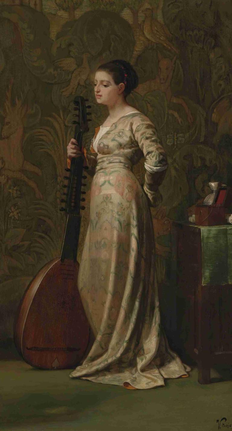 Girl With A Lute,琵琶女,Elihu Vedder,伊莱休-维德,油画,油画, 1个女孩, 乐器, 独奏, 裙子, 美术模仿, 常设, 黑发, 闭着眼睛, 保持, 短发, 音乐, 发饰, 发髻, 全身