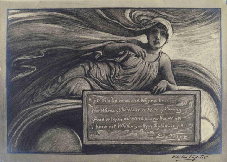 Into the Universe,Elihu Vedder,Illustration,Illustration, 1girl, monochrome, solo, english text, long hair