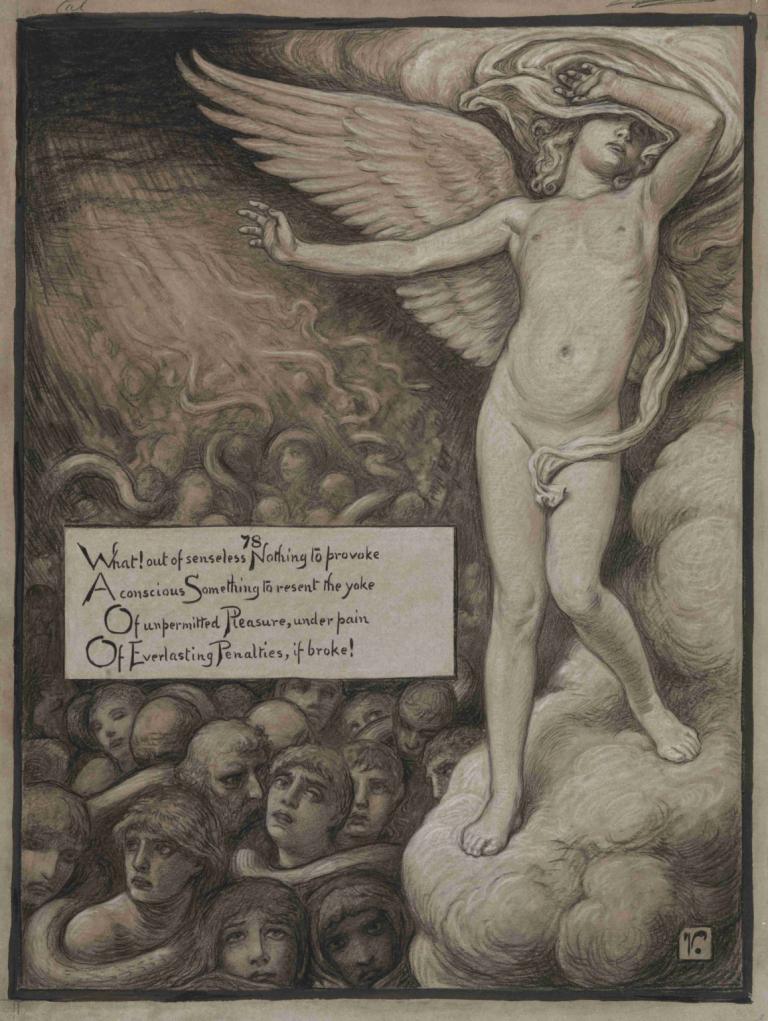 Love Shrinking Affrighted at the Sight of Hell,爱在地狱面前畏缩不前,Elihu Vedder,伊莱休-维德,插画,插画, 美术模仿, 翅膀, 裸体, 乳头, 天使的翅膀