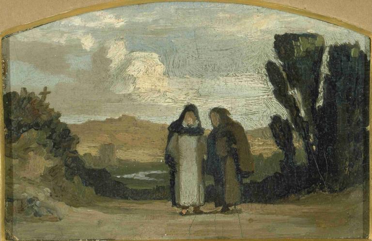 Monks On The Appian Way,Elihu Vedder,Illustration,Illustration, black hair, long hair, 1girl, dress, outdoors