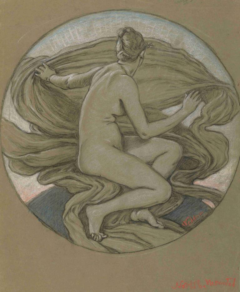 Morning Glory,Elihu Vedder,Illustration,Illustration, fine art parody, solo, nude, on side, barefoot, 1girl