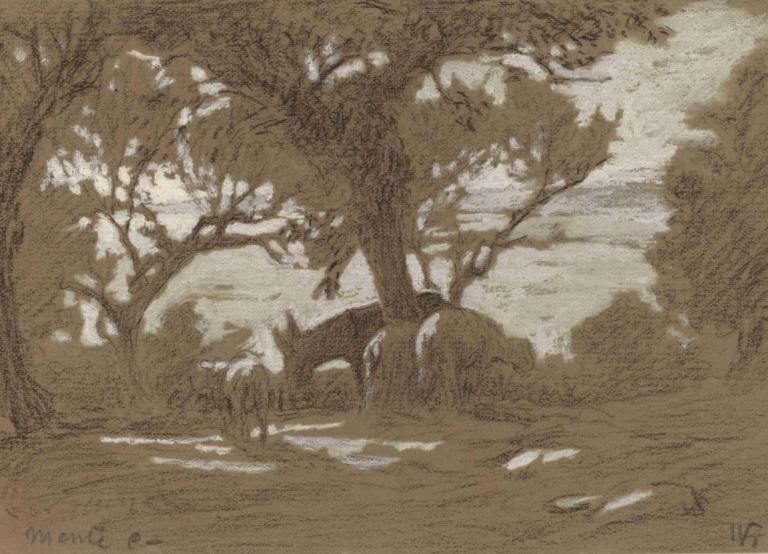 Mt. Colognola - Sheep Grazing on Lake Trasimeno,Elihu Vedder,Illustration,Illustration, tree, nature, scenery