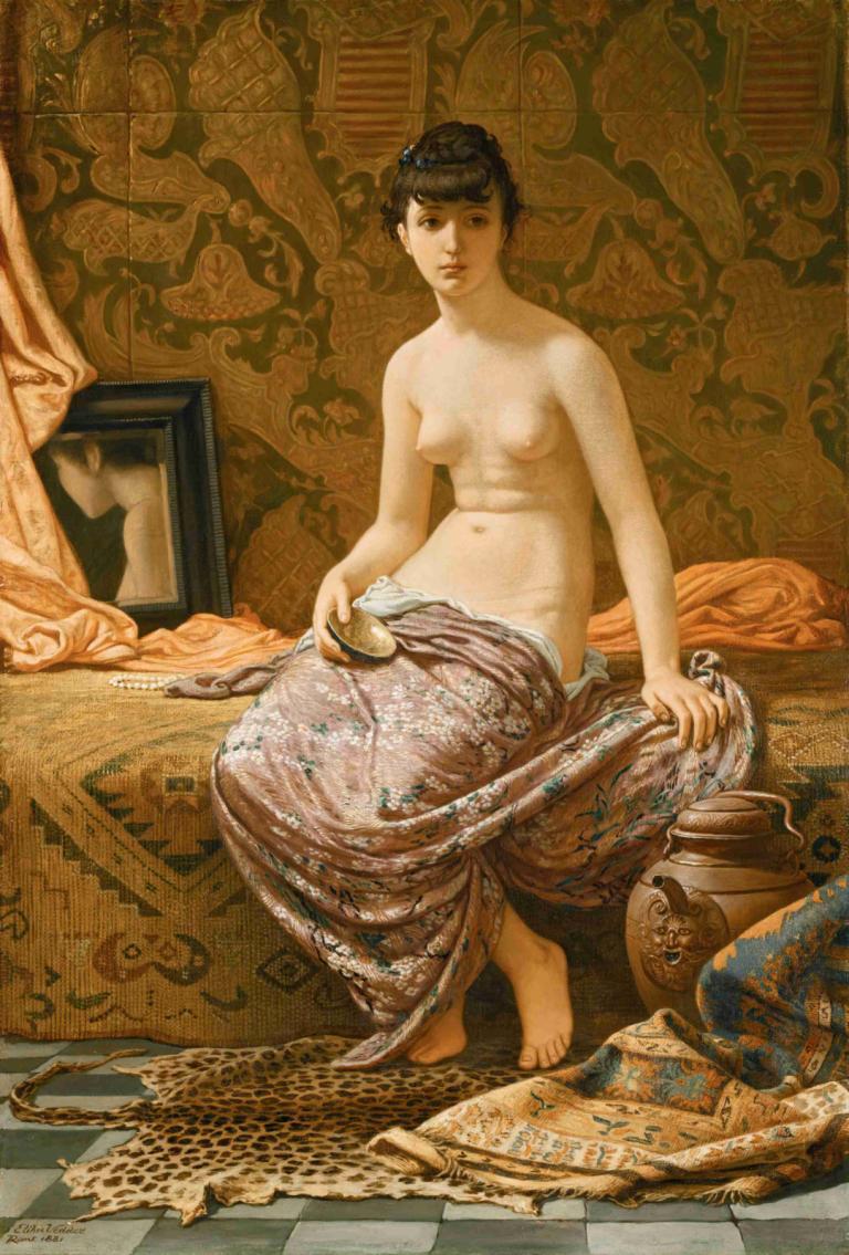 Odalisque,Elihu Vedder,伊莱休-维德,油画,油画, 美术模仿, 1个女孩, 乳头, 乳房, 独奏, 赤脚, 实际的, 黑发, 脐, 地毯, 坐着, 中等乳房, 裸体, 短发, 在室内