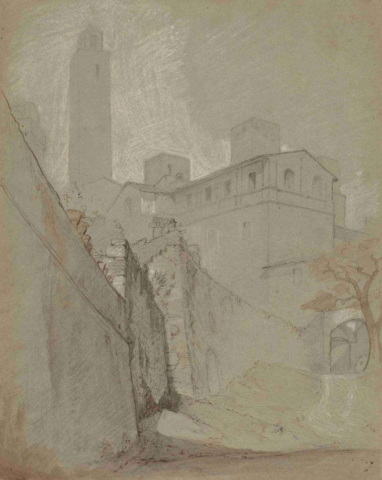 Orvieto,奥维多,Elihu Vedder,伊莱休-维德,插画,插画, 树, 建筑, 没有人类, 户外, 风景, 传统媒体, 植物, 城市, 单色