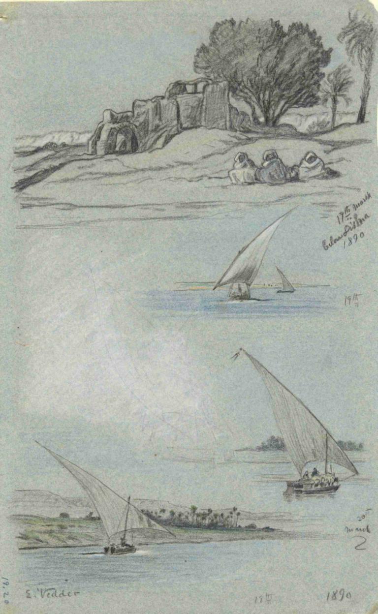 Sheet of Studies,Lembar Studi,Elihu Vedder,Sketsa,Sketsa, perahu, pohon, kapal, tidak ada manusia, bertanggal