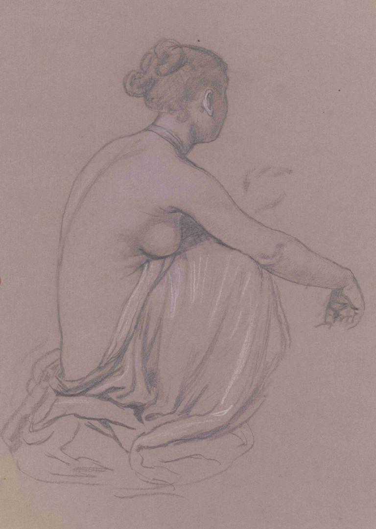 Study for 'Greek Girls Bathing' XIV,Elihu Vedder,Sketch,Sketch, 1girl, solo, breasts, monochrome, sideboob