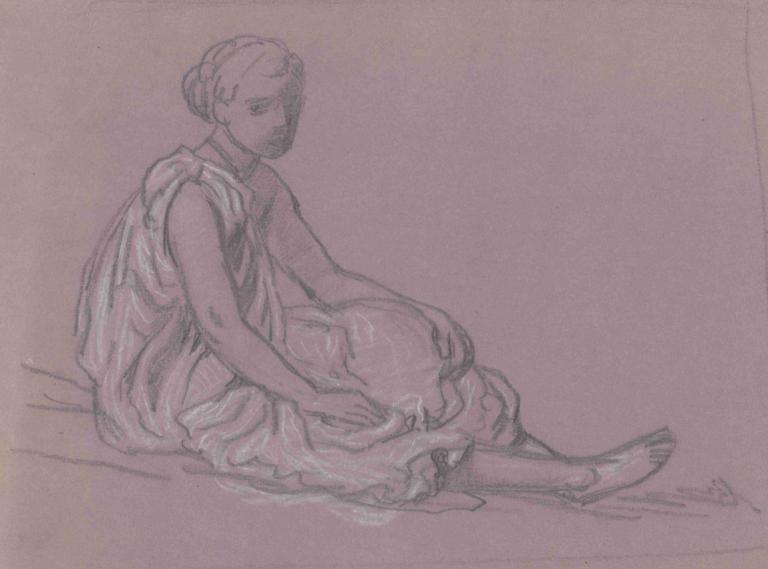 Study for 'Greek Girls Bathing' XV,Elihu Vedder,Sketch,Sketch, 1girl, solo, monochrome, sitting, dress