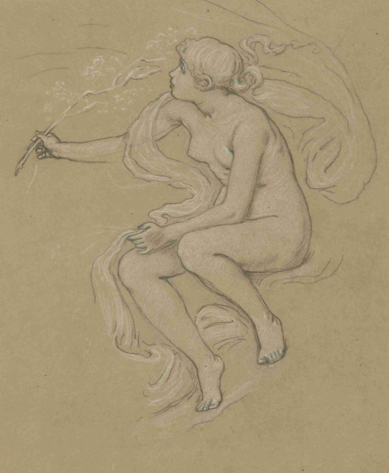 Study for Figure of Spring,Studium dla postaci wiosny,Elihu Vedder,Szkic,Szkic, 1 dziewczyna, solo, nagi