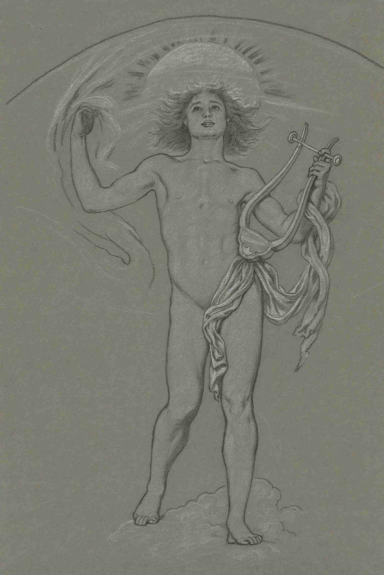 Study for Apollo,Studium dla Apollo,Elihu Vedder,Szkic,Szkic, monochromia, solo, nagi, skala szarości, boso