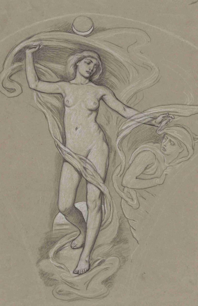 Study for Luna,Studium dla Luny,Elihu Vedder,Ilustracja,Ilustracja, nagi, parodia sztuki, piersi, monochromia