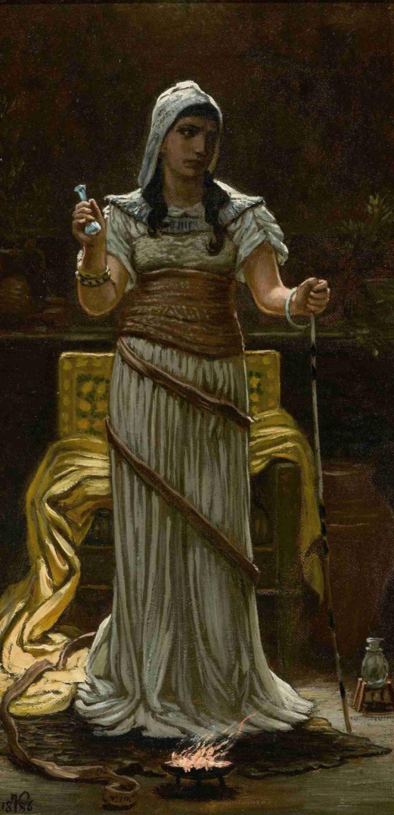 The Etruscan Sorceress,에트루리아 마법사,Elihu Vedder,엘리후 베더,일러스트레이션,일러스트레이션, 여자 1명, 미술 패러디, 독주, 보석류, 병, 팔찌, 드레스, 후드