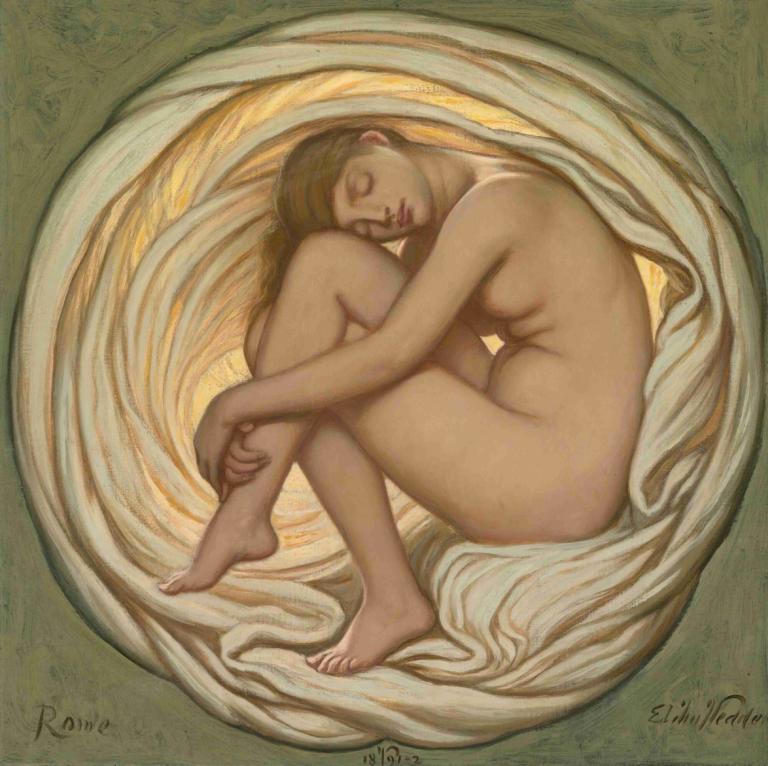 The Heart Of The Rose,장미의 심장,Elihu Vedder,엘리후 베더,일러스트레이션,일러스트레이션, 여자 1명, 독주, 나체상, 감긴 눈, 가슴, 태아 위치, 맨발, 미술 패러디