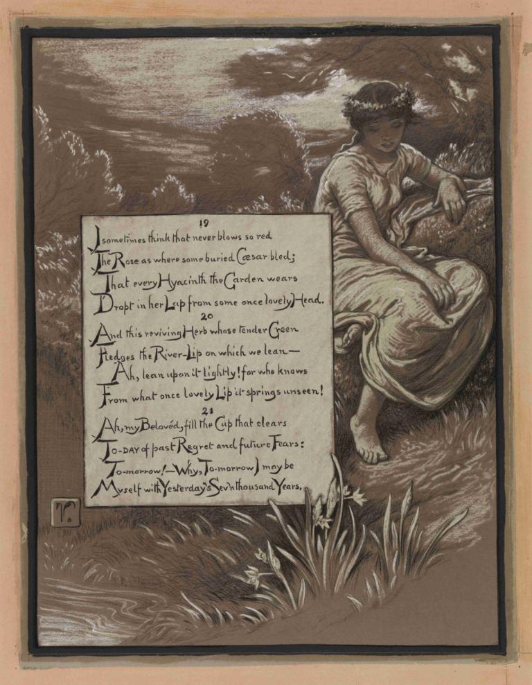 The River-Lip,El labio del río,Elihu Vedder,Ilustración,Ilustración, 1 chica, solo, descalzo, césped, sesión