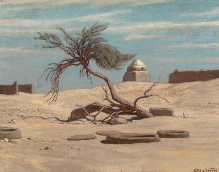 Tree and Graves on the Way to Tel El Armano, Egypt,前往埃及泰勒阿尔马诺途中的树木和坟墓,Elihu Vedder,伊莱休-维德,插画,插画, 树, 没有人类, 天空