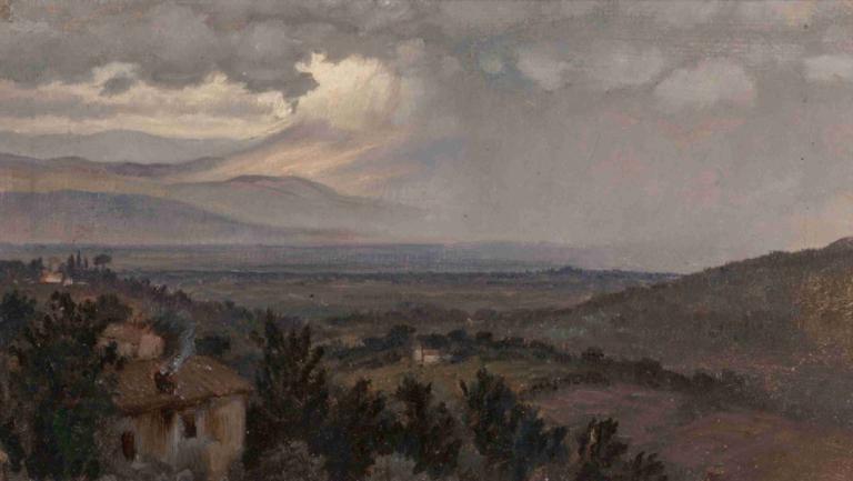 Umbrian Landscape, Italy,意大利翁布里亚风景区,Elihu Vedder,伊莱休-维德,插画,插画, 风景, 云, 户外, 天空, 多云的天空, 自然, 景观, 山, 树, 独奏, 骑术