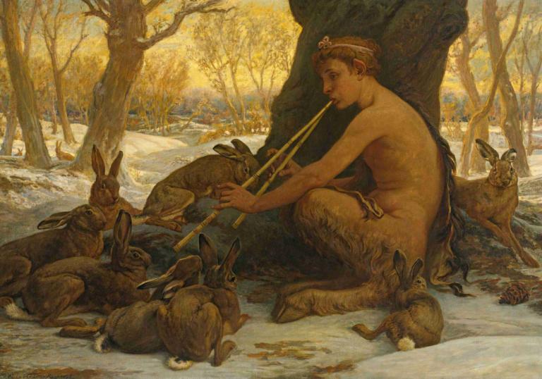 Young Marsyas (Marsyas Enchanting The Hares),年轻的玛西亚斯（玛西亚斯使野兔着迷）,Elihu Vedder,伊莱休-维德,油画,油画, 树, 裸体, 1男孩, 男性焦点