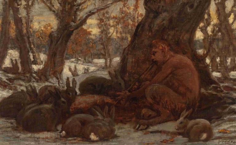 Young Marsyas Charming the Hares,小马尔西亚斯魅惑野兔,Elihu Vedder,伊莱休-维德,油画,油画, 1男孩, 男性焦点, 自然, 树, 户外, 森林, 独奏, 兔子, 鹿