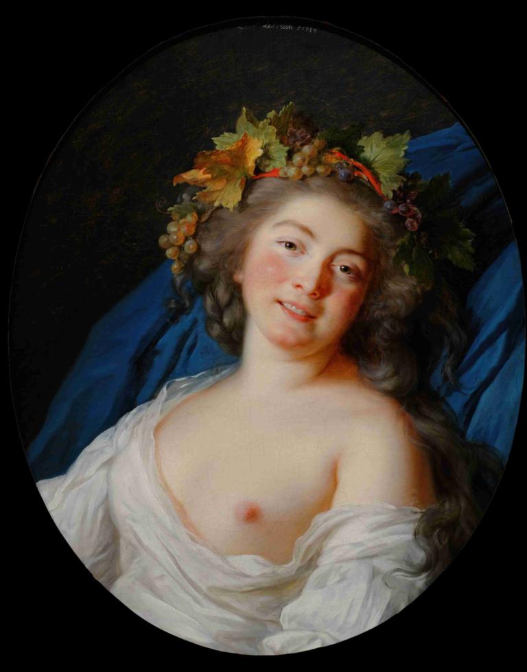 Bacchante,Elisabeth Louise Vigée Le Brun,Oil Painting,Oil Painting, 1girl, solo, nipples, smile, long hair