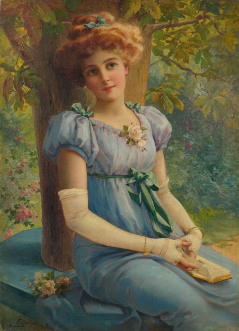 A Sweet Glance,Emile Vernon,Oil Painting,Oil Painting, 1girl, solo, book, dress, tree, sitting, puffy sleeves