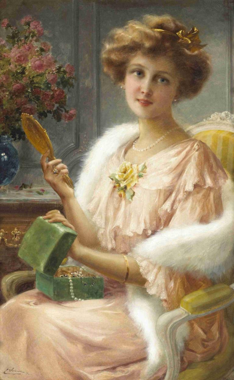 A Young Lady With A Mirror,Emile Vernon,Oil Painting,Oil Painting, 1girl, jewelry, necklace, solo, flower