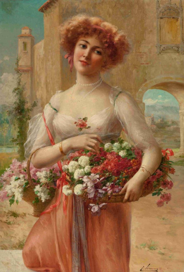 Aux Roses,欧克斯玫瑰,Emile Vernon,埃米尔-弗农,油画,油画, 1个女孩, 独奏, 花, 珠宝, 项链, 衬衫, 保持, 白衬衫, 头部倾斜, 篮子, 手镯, 户外, 实际的, 美术模仿, 天