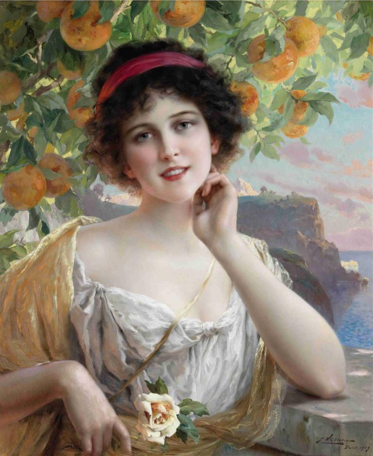 Beauty under the Orange Tree,Ομορφιά κάτω από το πορτοκαλόδεντρο,Emile Vernon,Ελαιογραφία,Ελαιογραφία