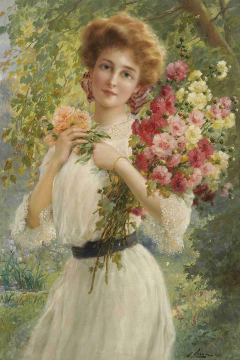 Belle d'Eté,Emile Vernon,Peinture à l'huile,Peinture à l'huile, 1fille, solo, fleur, robe, robe blanche