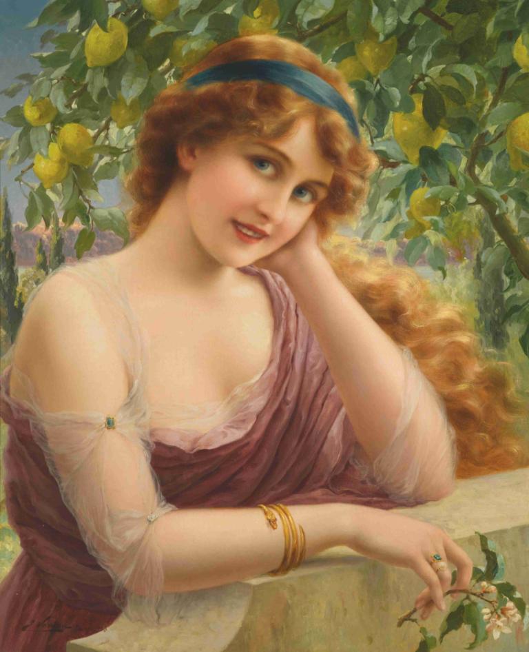 Fille Au Citronnier,Emile Vernon,Peinture à l'huile,Peinture à l'huile, 1fille, solo, bijoux, bandeau