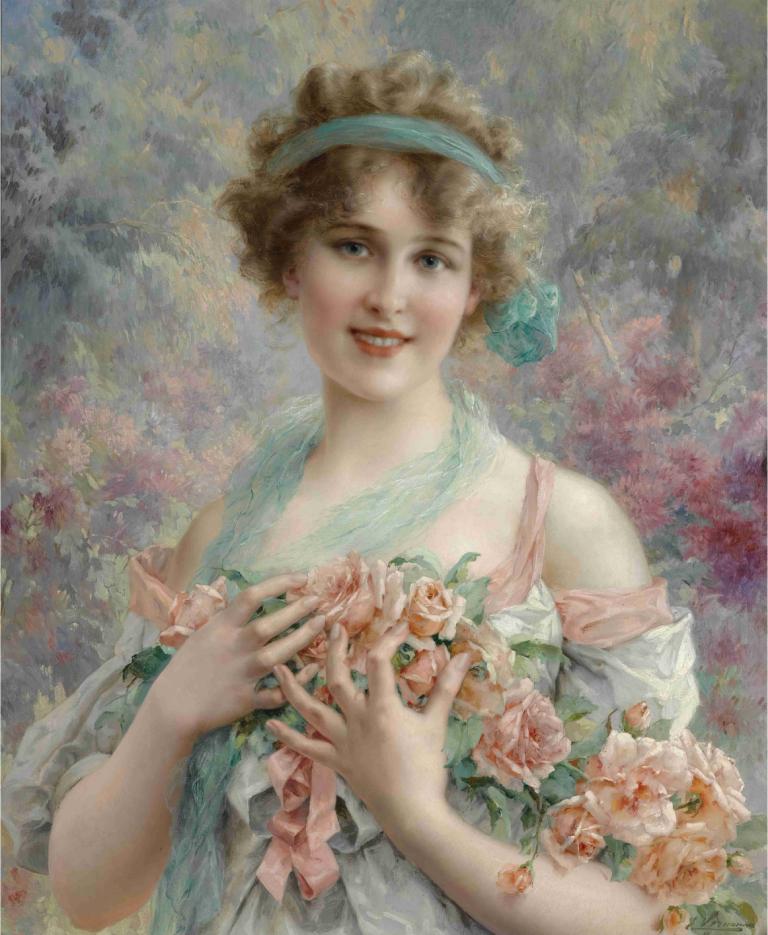 Fille Aux Roses Emile Vernon,Emile Vernon,Ελαιογραφία,Ελαιογραφία, 1 κορίτσι, μονοφωνία, λουλούδι