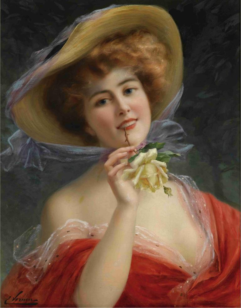 Fille a la Rose Jaune,Pige med den gule rose,Emile Vernon,Oliemaleri,Oliemaleri, 1 pige, solo, hat, blomst