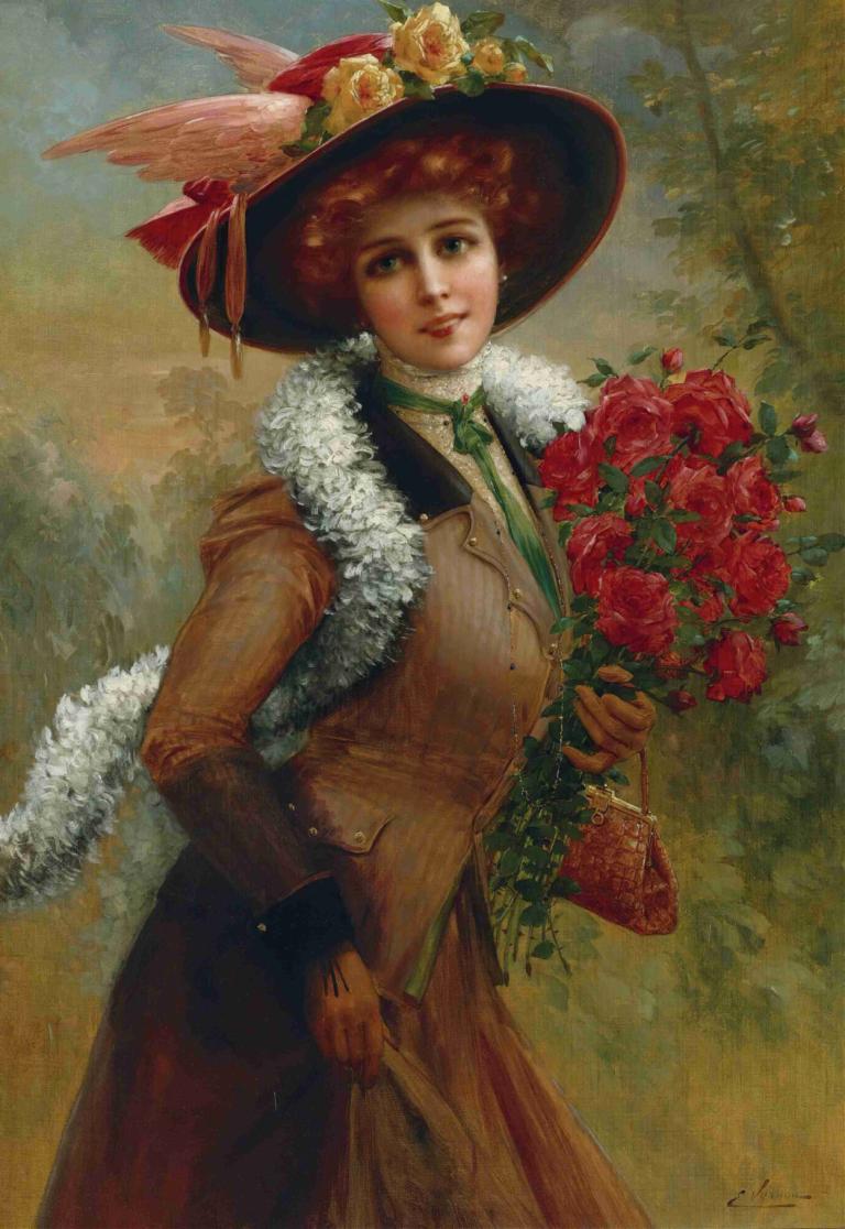 Lovely As A Rose,可爱如玫瑰,Emile Vernon,埃米尔-弗农,油画,油画, 1个女孩, 帽子, 花, 独奏, 玫瑰, 帽子羽毛, 棕色的头发, 花束, 短发, 实际的, 保持, 帽子花