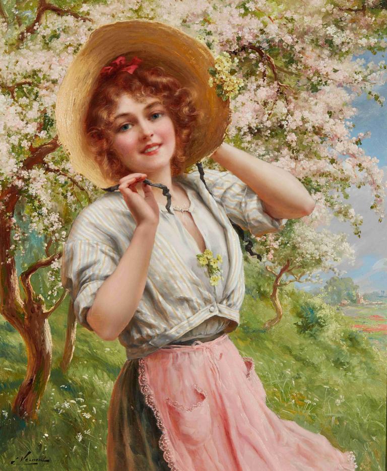 Springtime,春天,Emile Vernon,埃米尔-弗农,油画,油画, 1个女孩, 独奏, 帽子, 户外, 樱花, 棕色的头发, 围裙, 裙子, 衬衫, 天, 实际的, 树, 有条纹的, 草, 腰围裙