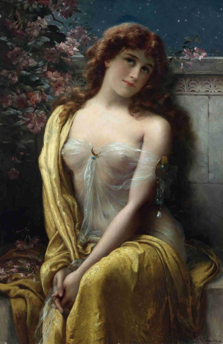 Starlight,星光,Emile Vernon,埃米尔-弗农,油画,油画, 1个女孩, 独奏, 实际的, 坐着, 透视, 乳房, 花, 棕色的头发, 裙子, 美术模仿, 红发, 长发, 蓝眼睛, 看着观众, 卷发