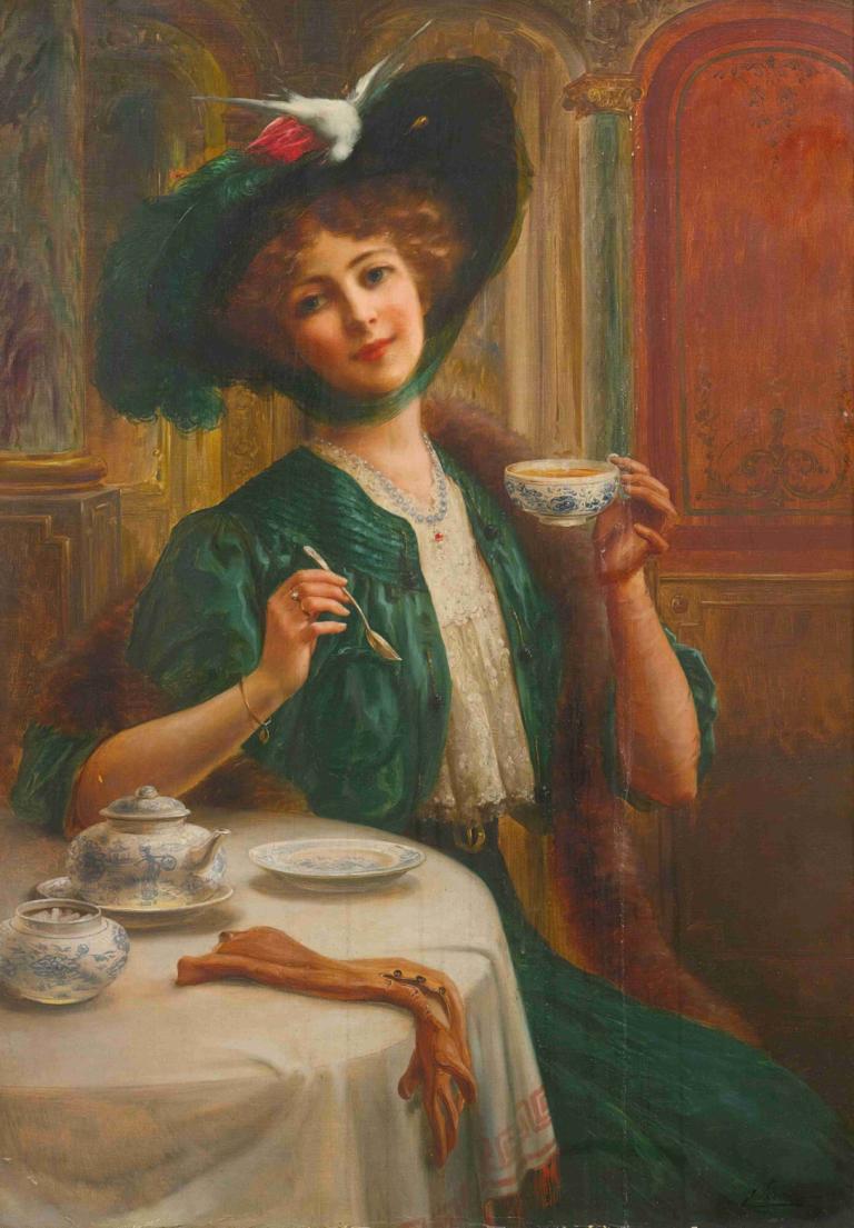 Style And Grace,时尚与优雅,Emile Vernon,埃米尔-弗农,油画,油画, 1个女孩, 帽子, 杯子, 独奏, 茶碗, 珠宝, 项链, 棕色的头发, 桌子, 美术模仿, 坐着, 传统媒体, 保持