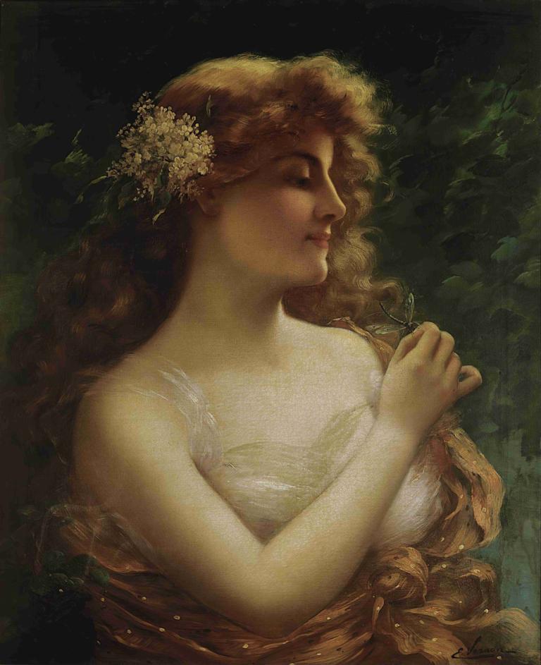 The Dragonfly,Trollslända,Emile Vernon,Oljemålning,Oljemålning, 1 tjej, solo, långt hår, innehav, blomma