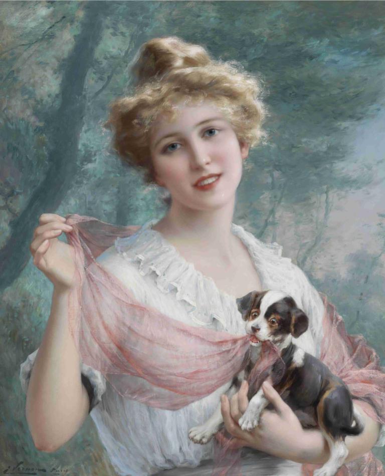 The Mischievous Puppy,Emile Vernon,Oil Painting,Oil Painting, 1girl, blonde hair, dog, realistic, blue eyes